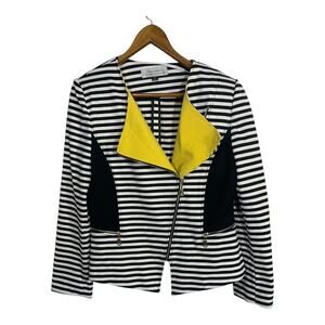 Tahari Arthur S Levine Women's Full Zip Moto Jacket Black/ White Stripe Size 10